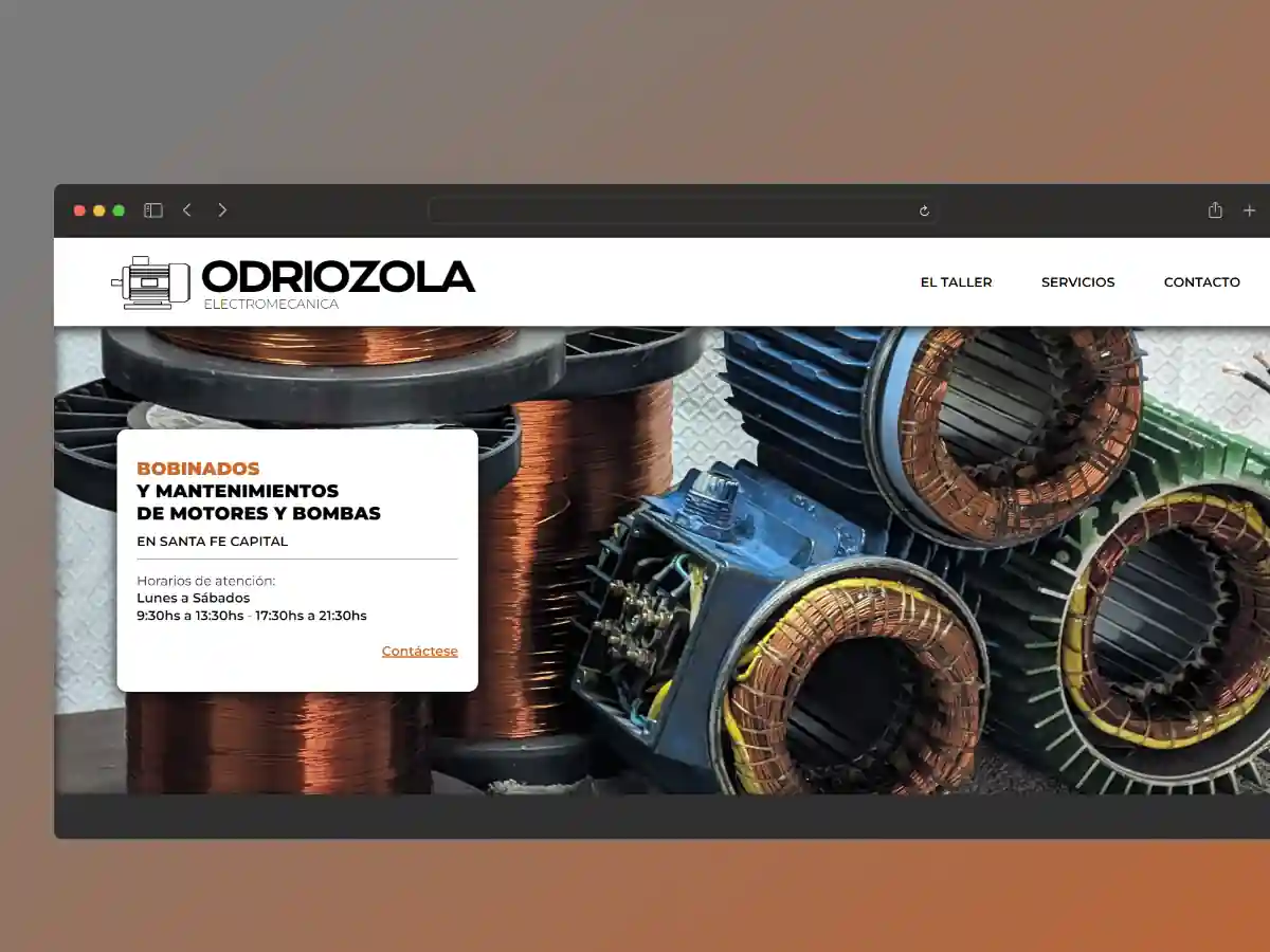 Muestra de la Landing Page Odriozola, donde se ven tres motores abiertos con su cableado interior. Junto a tres bobinas de cable.