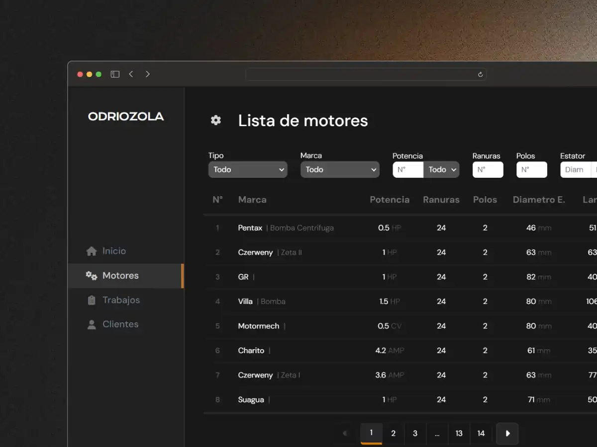 Muestra del proyecto Odriozola Manager, donde se ve una tabla con datos de motores. En la parte superior, filtros para ordenar y filtrar los elementos.